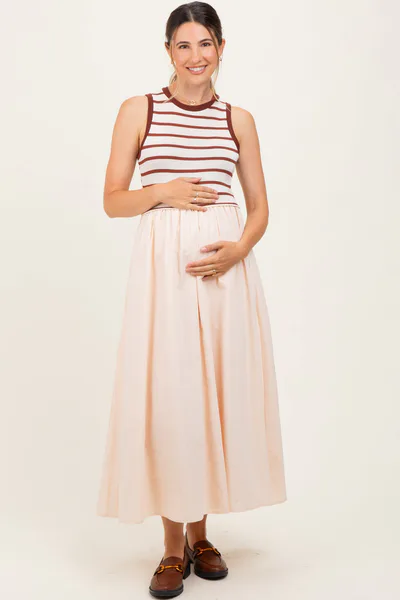 PinkBlush Cream Contrast Striped Bodice Sleeveless Maternity Maxi Dress