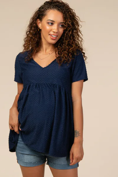 PinkBlush Navy Blue Swiss Dot Peplum Maternity Top