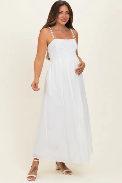 PinkBlush White Cotton Pintuck Tie Strap Maternity Maxi Dress