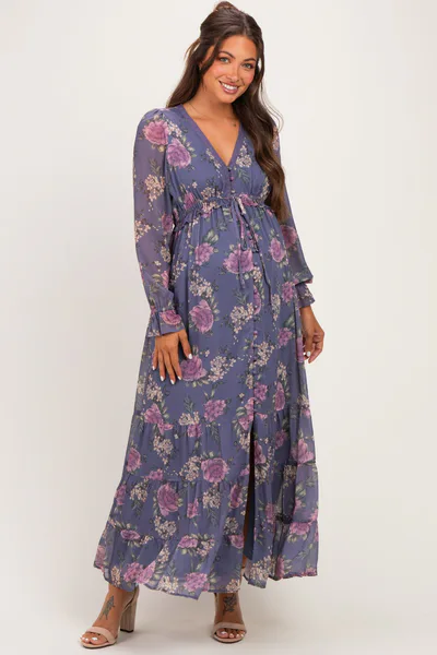 PinkBlush Plum Floral Chiffon Button Down Maternity Maxi Dress