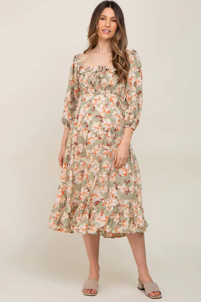 PinkBlush Light Olive Floral Ruffle Square Neck Smocked Front Tie Maternity Midi Dress