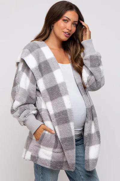PinkBlush Grey Plaid Maternity Hooded Cardigan