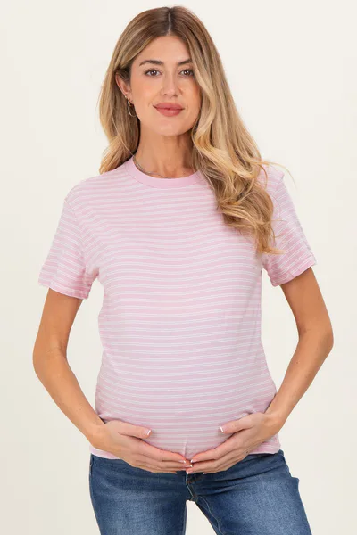 PinkBlush Pink/White Short Sleeve Round Neck Stripe Maternity Tee
