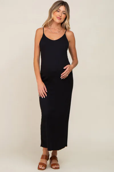 PinkBlush Black Ribbed Sleeveless Maternity Maxi Dress