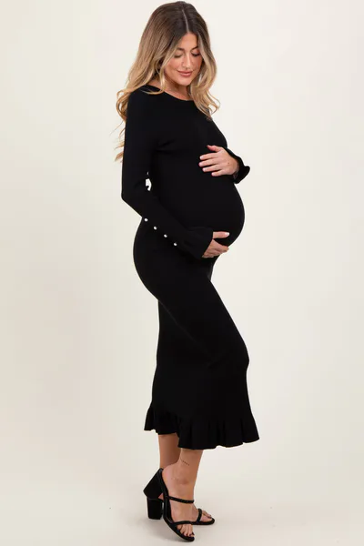 PinkBlush Black Ribbed Knit Bow Back Maternity Maxi Dress