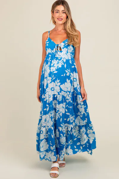 PinkBlush Royal Tropical Floral Open Back Maternity Maxi Dress
