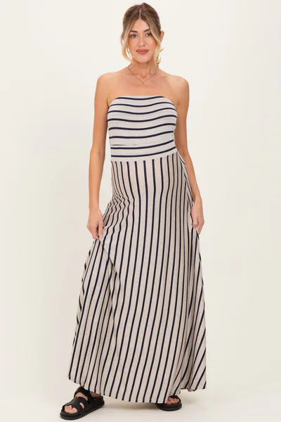 PinkBlush Oatmeal Striped Strapless Maternity Maxi Dress