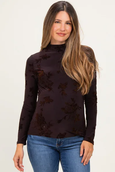PinkBlush Burgundy Velvet Floral Mock Neck Maternity Top