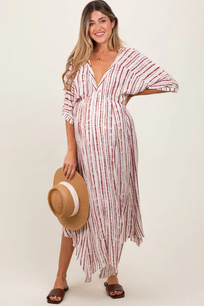PinkBlush Rust Printed Deep V-Neck Maternity Midi Dress