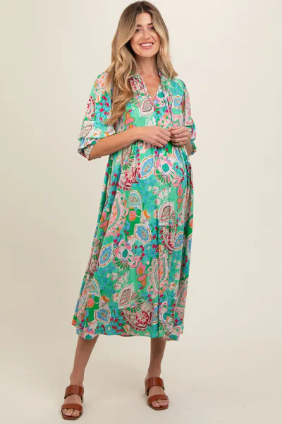 PinkBlush Emerald Paisley Print Tiered A-Line Maternity Midi Dress