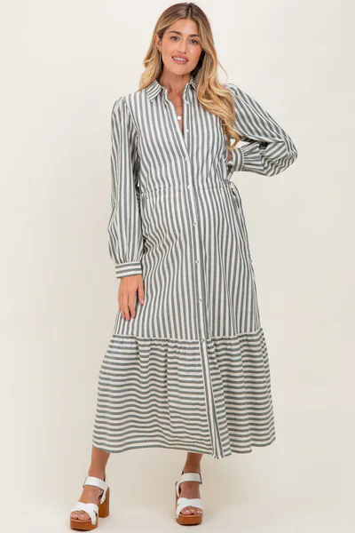 PinkBlush Green Striped Collared Button Down Waist Tie Maternity Maxi Dress