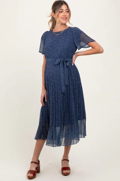 PinkBlush Navy Leaf Print Pleated Maternity Midi Dress