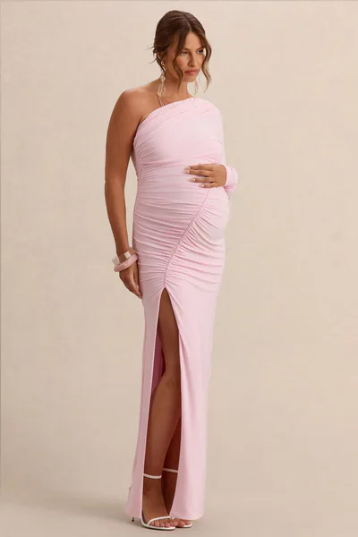 Club L London Cassiana | Light Pink Asymmetric-Neck Maternity Maxi Dress With Front-High Split