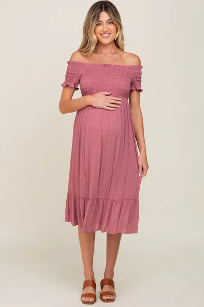 PinkBlush Mauve Off Shoulder Smocked Maternity Midi Dress