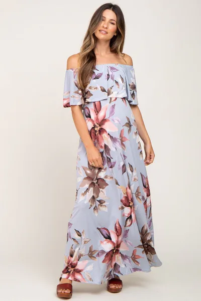 PinkBlush Light Blue Floral Off Shoulder Maternity Maxi Dress