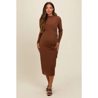 Target PinkBlush Brown Shimmer Mesh Long Sleeve Ruched Maternity Midi Dress Brown Medium