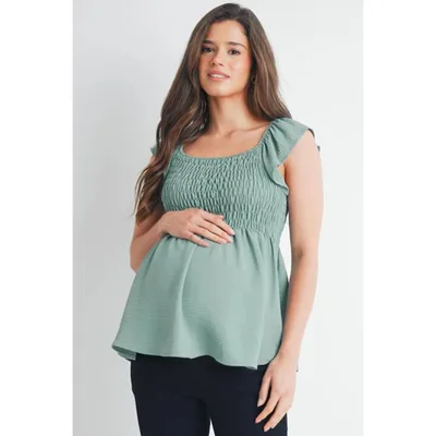 Target Hello Miz Women's Smocked Square Neck Flutter Sleeve Maternity Top - Sage - Small