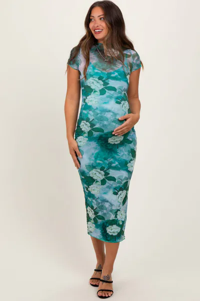 PinkBlush Green Floral Mesh Overlay Fitted Maternity Maxi Dress