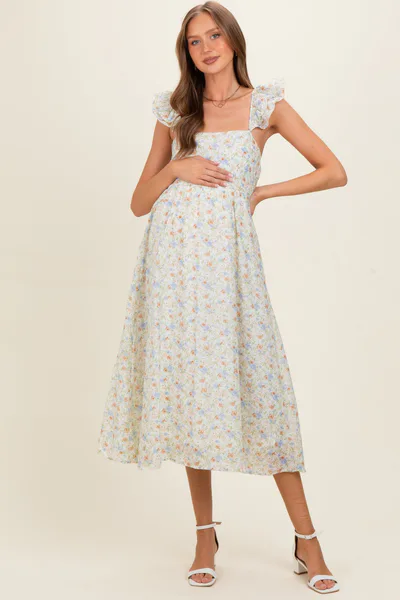 PinkBlush Ivory Floral Ruffle Strap Maternity Midi Dress