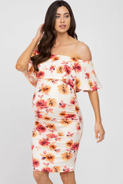 PinkBlush Ivory Floral Off Shoulder Maternity Fitted Dress