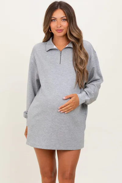 PinkBlush Heather Grey Half Zip Long Sleeve Maternity Mini Dress
