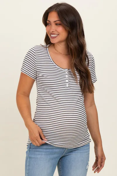 PinkBlush Black Stripe Scoop Neck Henley Maternity Top