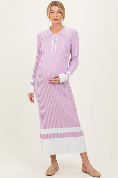 PinkBlush Lavender Ribbed Knit Colorblock Polo Maternity Maxi Dress