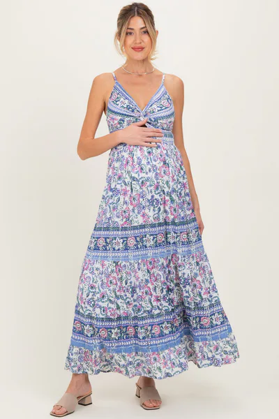 PinkBlush Periwinkle Floral Twist Front Cutout Maternity Maxi Dress