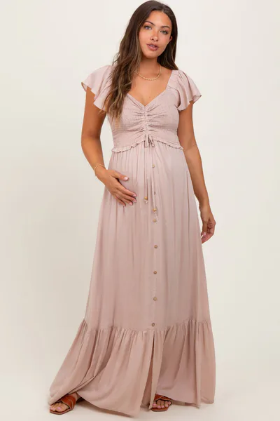 PinkBlush Taupe Smocked Top Woven Maternity Maxi Dress