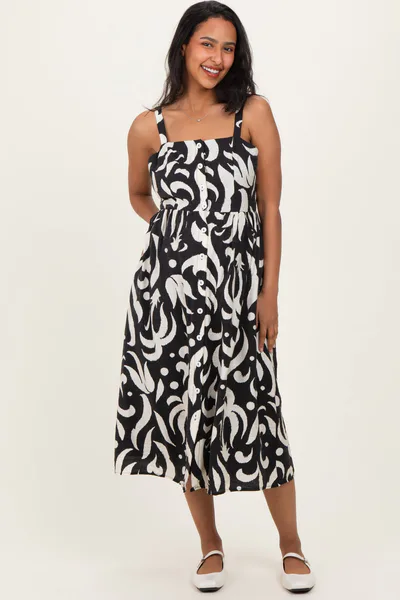 PinkBlush Black Printed Button Down Sleeveless Maternity Midi Dress