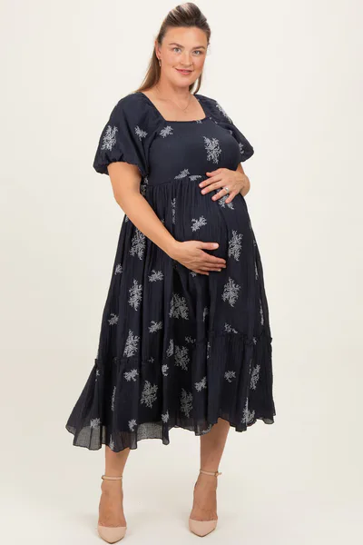 PinkBlush Navy Floral Print Ruffle Hem Maternity Plus Midi Dress