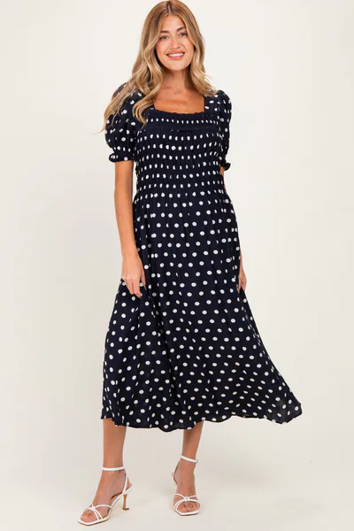 PinkBlush Navy Polka Dot Smocked Maternity Midi Dress