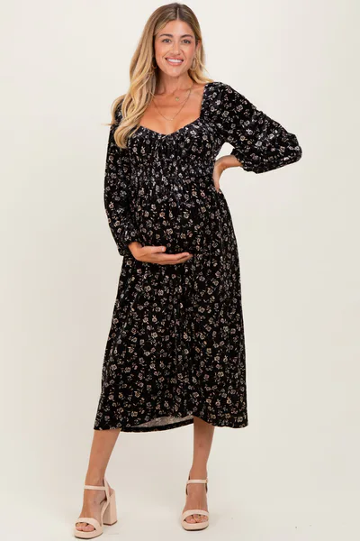 PinkBlush Black Floral Velvet Smocked Maternity Midi Dress