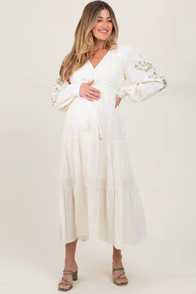 PinkBlush Cream Embroidered Long Sleeve Maternity Maxi Dress