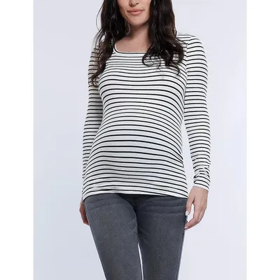 Target Women's Square Neck Rib Knit Long Sleeve Maternity Tee - White & Black Stripe - Size: Medium - Motherhood Maternity