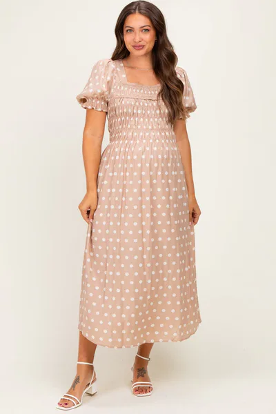PinkBlush Light Taupe Polka Dot Smocked Maternity Midi Dress
