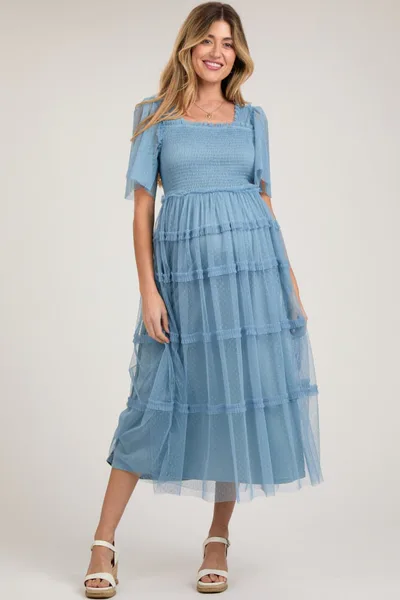 PinkBlush Blue Ruffled Mesh Maternity Maxi Dress