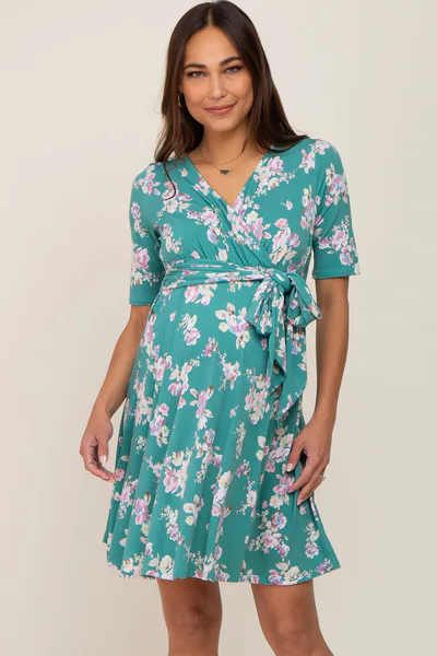 PinkBlush Jade Floral Wrap Front V-Neck Short Sleeve Maternity Dress