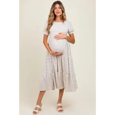 Target Pinkblush Cream/Taupe Striped Short Sleeve Tiered Maternity Maxi Dress Medium