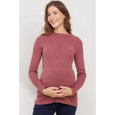 Target Hello Miz Women's Ribbed Long Sleeve Mock Neck Maternity Top - Dusty Rose - Medium