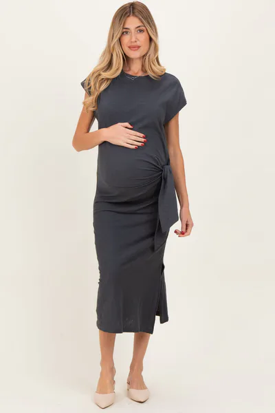 PinkBlush Charcoal Side Tie Side Slit Maternity Midi Dress