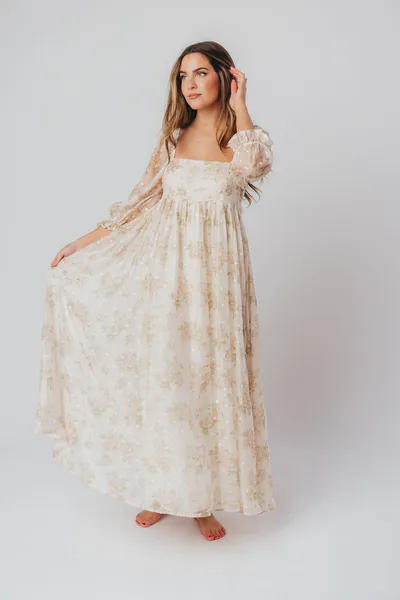 Worth Collective Mona Maxi Dress with Smocking in Cream Floral - Bump Friendly & Inclusive Sizing (S-3XL)