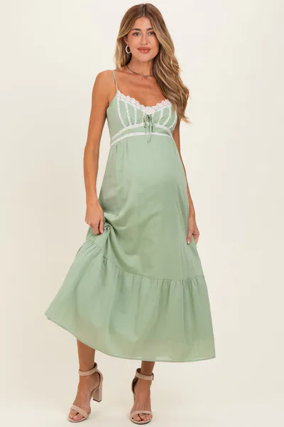 PinkBlush Moss Green Lace Accent Maternity Maxi Dress