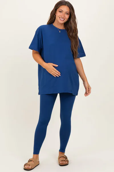 PinkBlush Navy Oversized Crewneck Short Sleeve and Legging Maternity Set