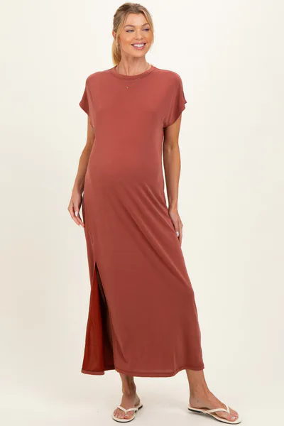 PinkBlush Brick Boxy Side Slit Maternity Maxi Dress