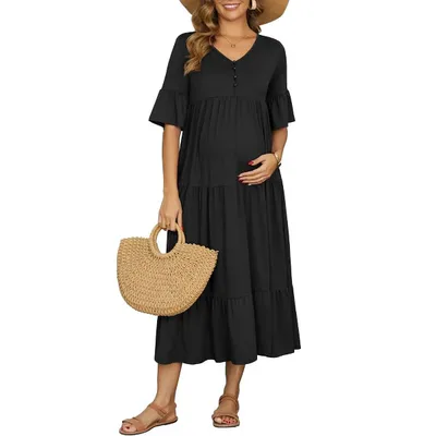 Target INSPIRE CHIC Maternity Maxi Dress Short Sleeves ruffled sleeve Baby Shower Pregnancy Dresses for Photoshoot Flowy Casual 2026 Summer X-Large Black