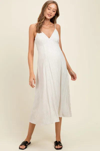 PinkBlush Ivory/Black Linen Striped Maternity Midi Dress