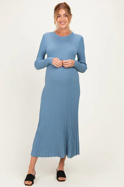 PinkBlush Denim Blue Ribbed Long Sleeve Maternity Sweater Midi Dress