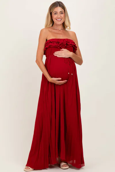 PinkBlush Red Ruffled Chest Pleated Maternity Maxi Dress With Self Tie
