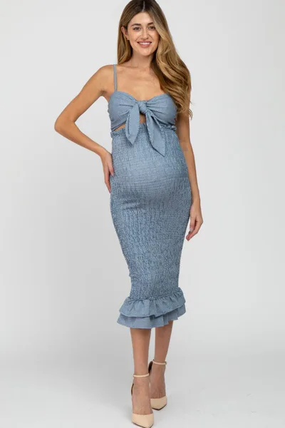 PinkBlush Blue Gingham Print Smocked Fitted Self-Tie Maternity Midi Dress